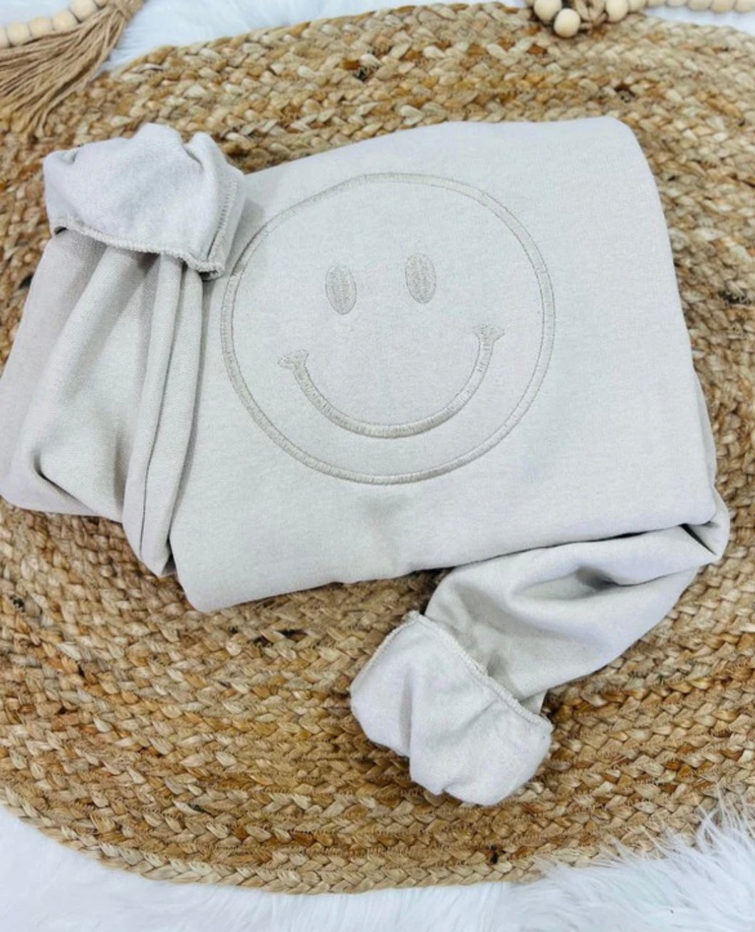 Happy Face Embroidered Sweatshirt - Sand