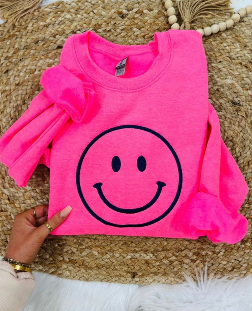 Happy Face Embroidered Sweatshirt - Neon Pink