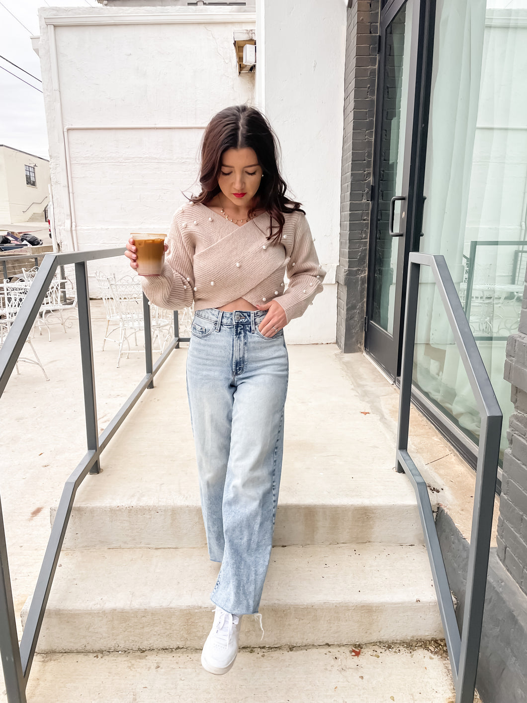 Pearled V Neck Cropped Sweater